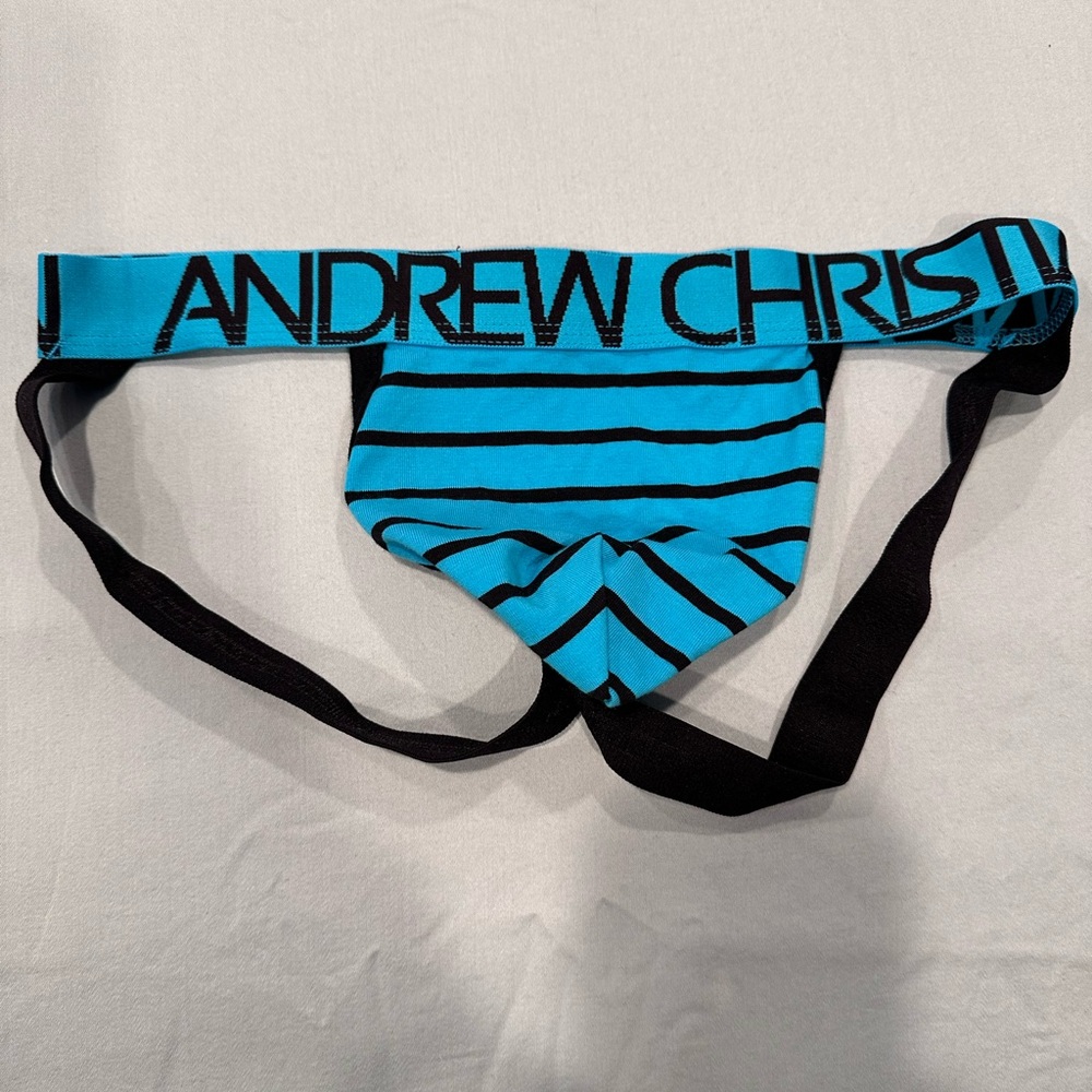 Andrew Christian striped jockstrap in turquoise and black
